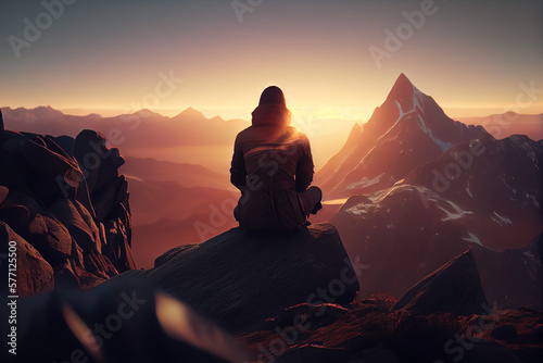 Person meditating on mountain top at sunset. Created with Generative AI technology