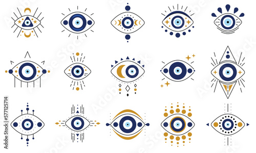 Greek evil eye vector symbol of protection. Amulet icon. Turkish Nazar Boncugu amulet illustration. Believed that it protects against evil eye. Hand drawn collection. Set of blue Turkish eyes