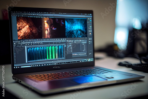 Wallpaper Mural Laptop with analytical data. Created with Generative AI technology Torontodigital.ca