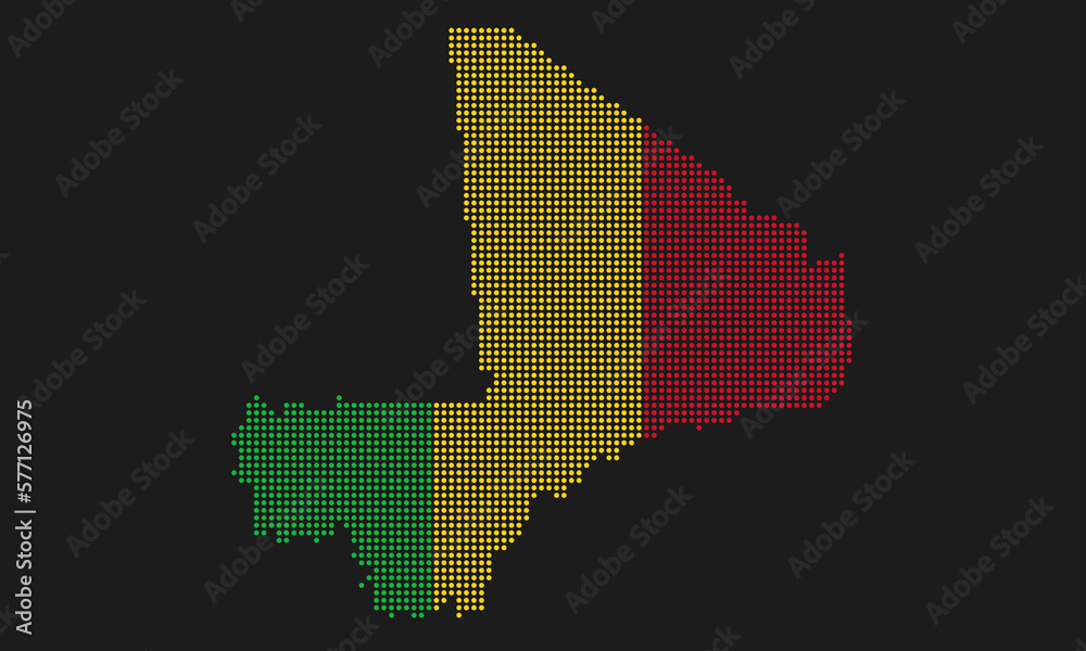 Mali dotted map flag with grunge texture in mosaic dot style. Abstract pixel vector illustration of a country map with halftone effect for infographic. 