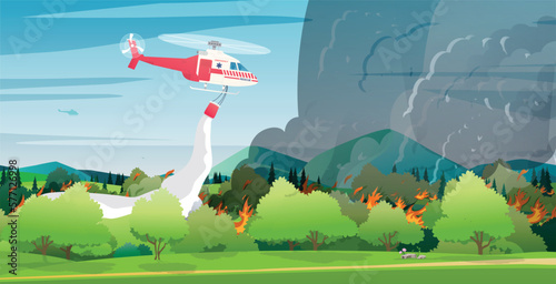 A helicopter is spraying chemicals to extinguish forest fires.