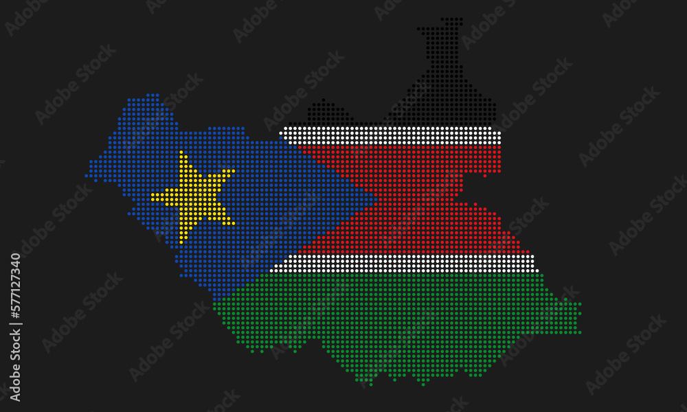 South Sudan dotted map flag with grunge texture in mosaic dot style. Abstract pixel vector illustration of a country map with halftone effect for infographic. 