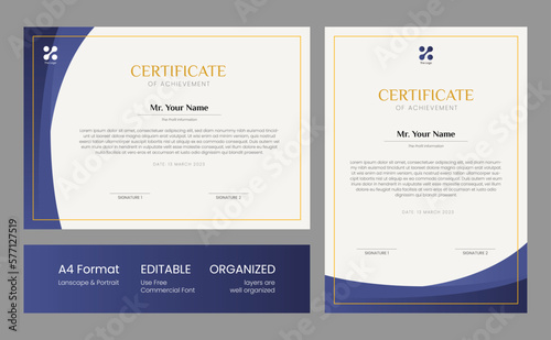 Editable Blue and gold certificate of achievement design template
