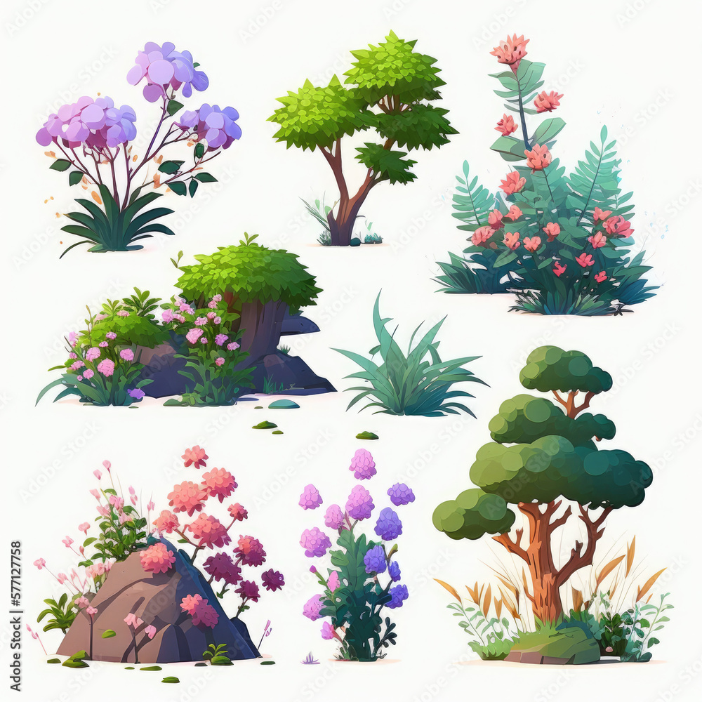 Naklejka premium cute nature objects set on sprite sheet, Generative AI 