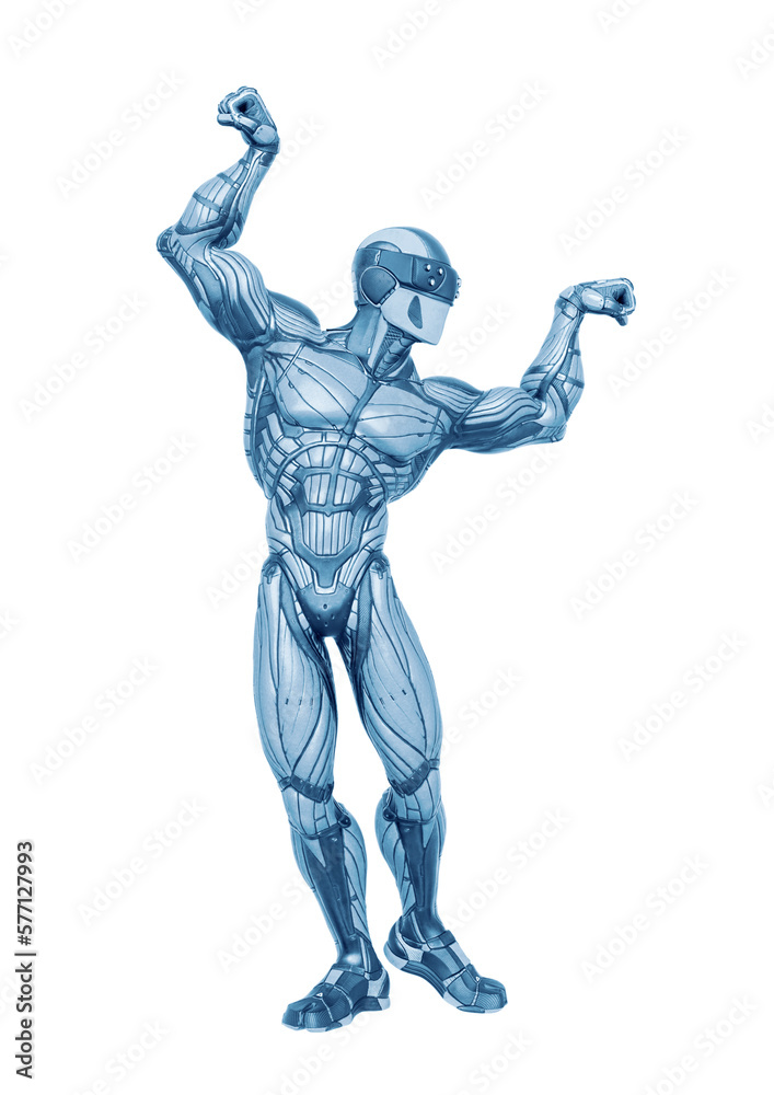 super hero is doing a dynamic bodybuilder pose in an exosuit