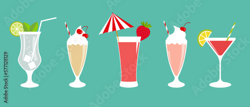 A set of vector cocktail icons - mojito, milk, strawberry, citrus, cherry.