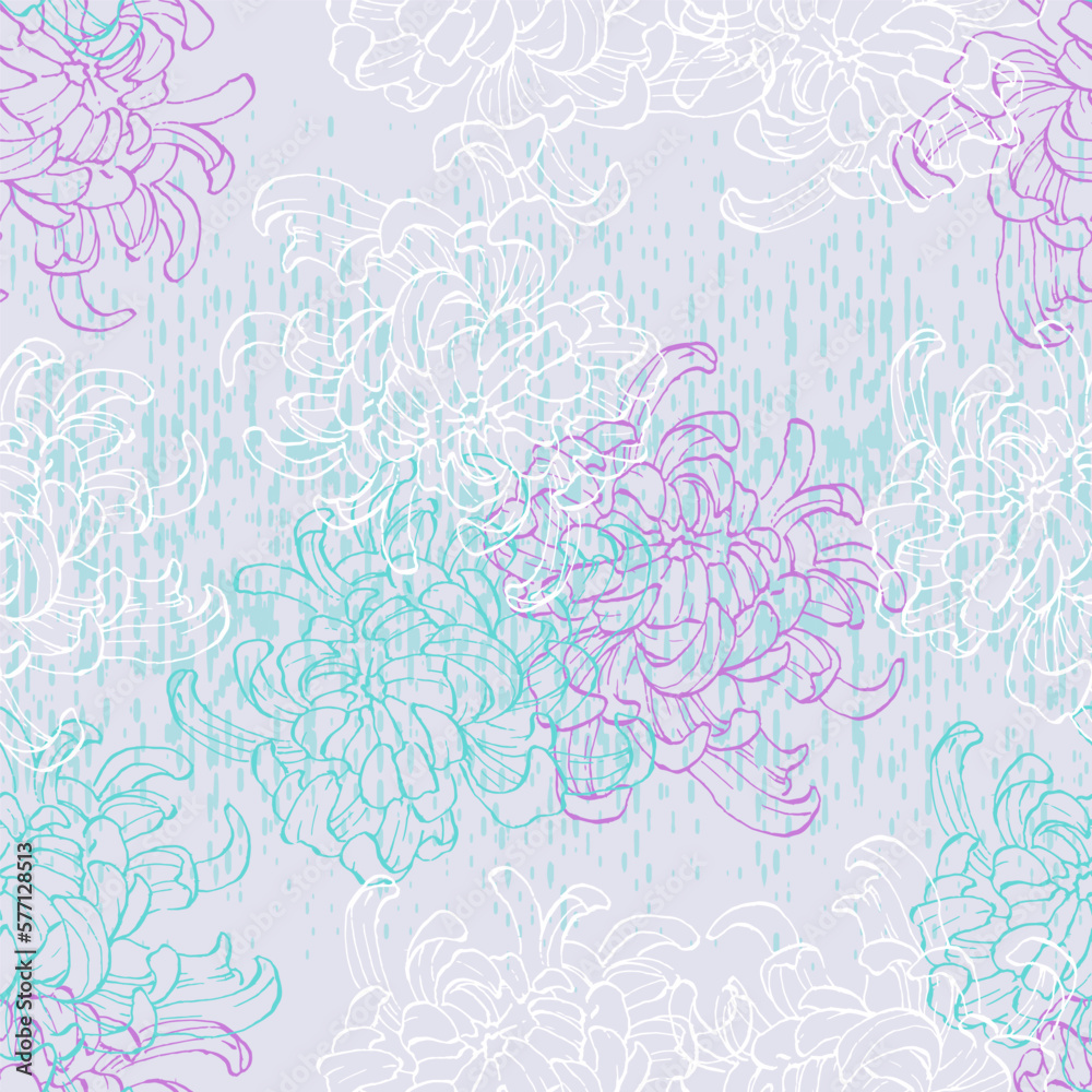Fototapeta premium Seamless floral pattern with chrysanthemums. Spring; summer holidays presents and gifts wrapping paper, For textiles, packaging; fabric, wallpaper.