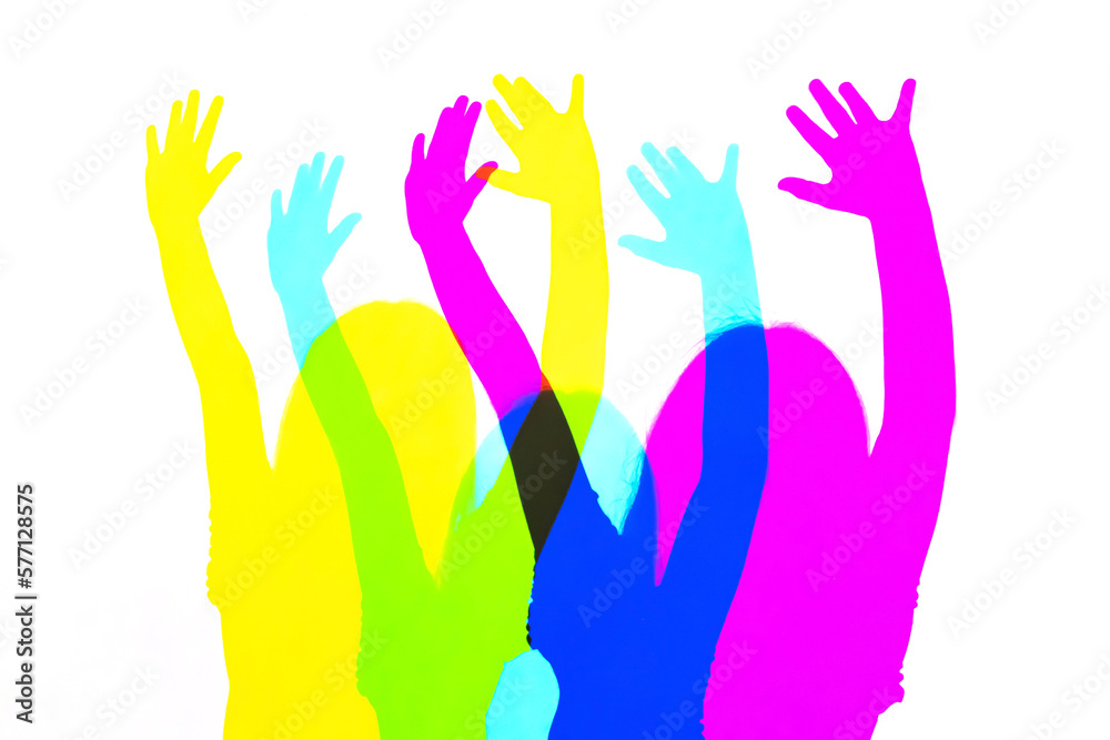 CMYK, cyan magenta yellow light colors mixed together, multi colored child silhouettes cut out abstract color mixing idea. Photography and print abstract concept, happiness, hands up in the air CMYK, cyan magenta yellow light colors mixed together, multi colored child silhouettes cut out abstract color mixing idea. Photography and print abstract concept, happiness, hands up in the air