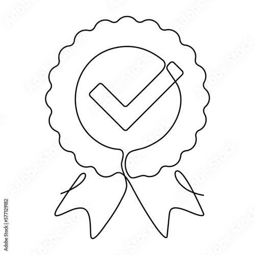 Award badge with checkmark continuous one line art drawing. Approval check ribbon contour line sign. Vector illustration isolated on white.