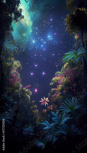 Star - filled cosmic lush verdant jungle full of stars with exotic bioluminescent flowers,the most beautiful image ever seen © Digital Xpress