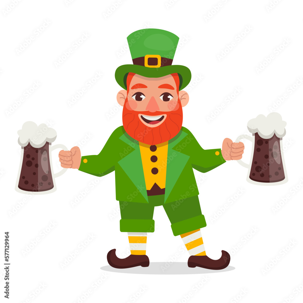 Funny Leprechaun holds two glasses of dark beer. St.Patrick 's Day. Vector graphic.