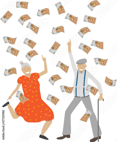 illustration vectorielle amusante représentant un couple de retraités riches et heureux en train de danser sous une pluie de billets de banque