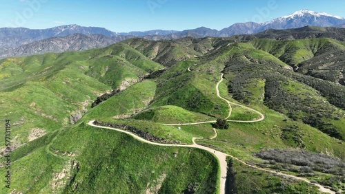 An Aerial Drone View of Crafton Hills with the Trails in Yucaipa, California in Spring after a Wet Rainy Winter photo