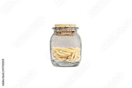 Glass jar with cork lid filled with dried pasta for cooking with PNG background