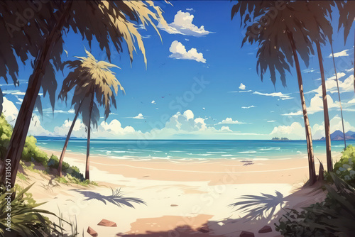 Beautiful beach with palm trees. Digital art. Illustration painting. Generative AI. © SaraY Studio 
