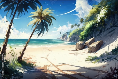 Beautiful beach with coconut trees. Digital art. Illustration painting. Generative AI.