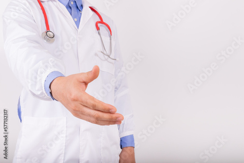 Male doctor show hand for invite for patient's health come in hospital office or clinic room