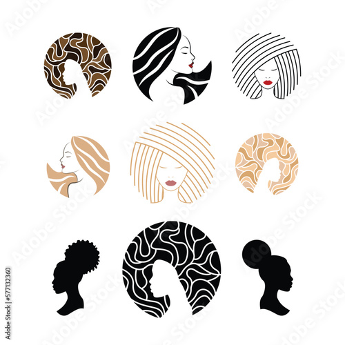 Premium style abstract woman portrait symbol set. Modern hairstyle icon. Modern luxury brand element sign. vector illustration. Premium boutique, jewelry, beauty salon logotype design concept icon.