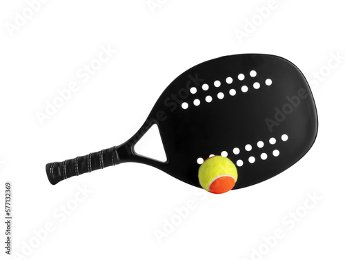 Black professional beach tennis racket and ball on white background. Horizontal sport theme poster, greeting cards, headers, website and app