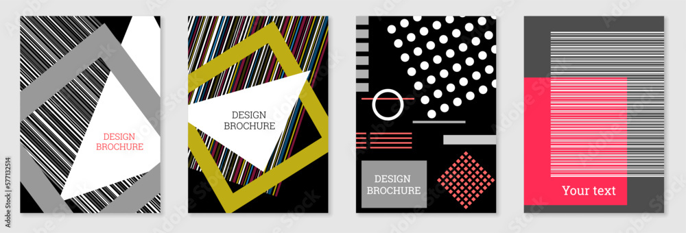 Set of cover design in Memphis style. Geometric design, abstract background. Fashionable bright cover, banner, poster, booklet. Creative colors. Set of cover design in Memphis style. Geometric design, abstract background. Fashionable bright cover, banner, poster, booklet. Creative colors.