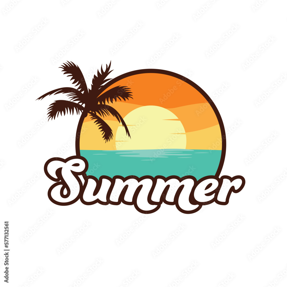 Summer trip logo design. Island landscape tropical logo. Palm, sun and ocean travel logotype.