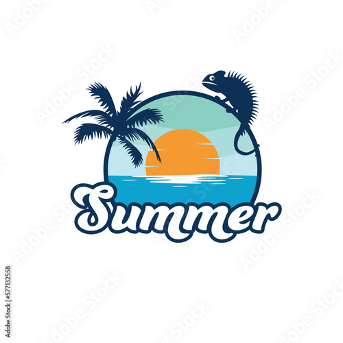 Summer Trip logo design. Tropical landscape with iguana logotype. Sea and sun beautiful travel icon.