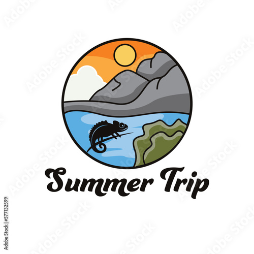 Summer Trip logo design. Tropical landscape with iguana logotype. Sea and sun beautiful travel icon.
