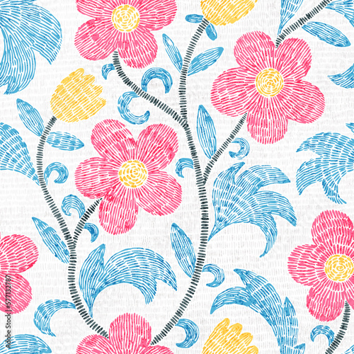 Cute seamless floral pattern. Embroidered ornament in bohemian style. Print for home decor, textiles. Grunge vintage texture. Vector illustration.