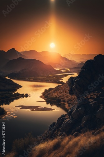Amazing golden sunset by wild lake and mountainside. Generative AI vertical illustration © Pajaros Volando