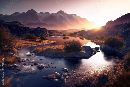 Dramatic scenic view sunset behind big mountains by the lake. Generative AI illustration