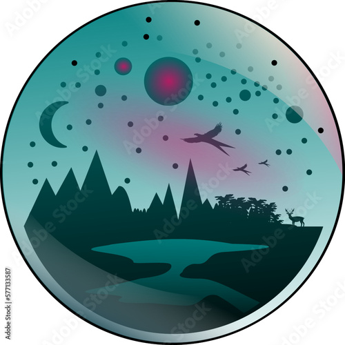Glaskugel mit fantastischer Berglandschaft und schönem Nachthimmel