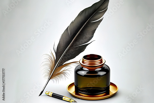 Feather quill pen and glass inkwell isolated on a white background. Generative Ai photo