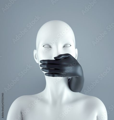 Do not speak.  Covering mouth by palm. Silence or speechless concept.