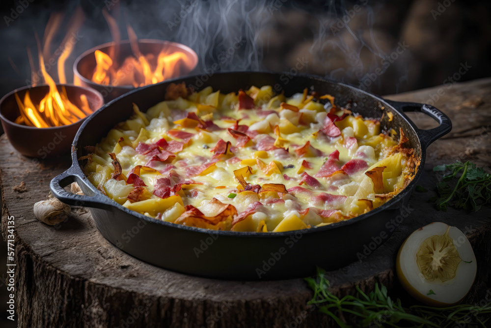 A tartiflette, a dish from the French Alps made with potatoes, bacon, onions, and reblochon cheese, served in a cast-iron skillet - Generative AI
