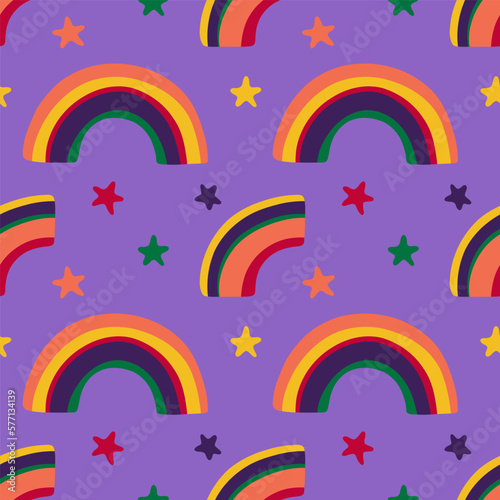 Fun colorful seamless pattern. Creative 90s style background for children or trendy design with rainbow and stars. Playful wallpaper print in kidcore style.