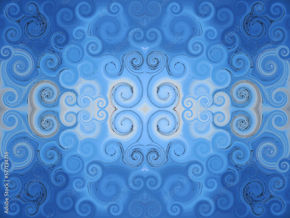 Blaues symmetrisches Ornamentmuster mit  vielen Spiralen