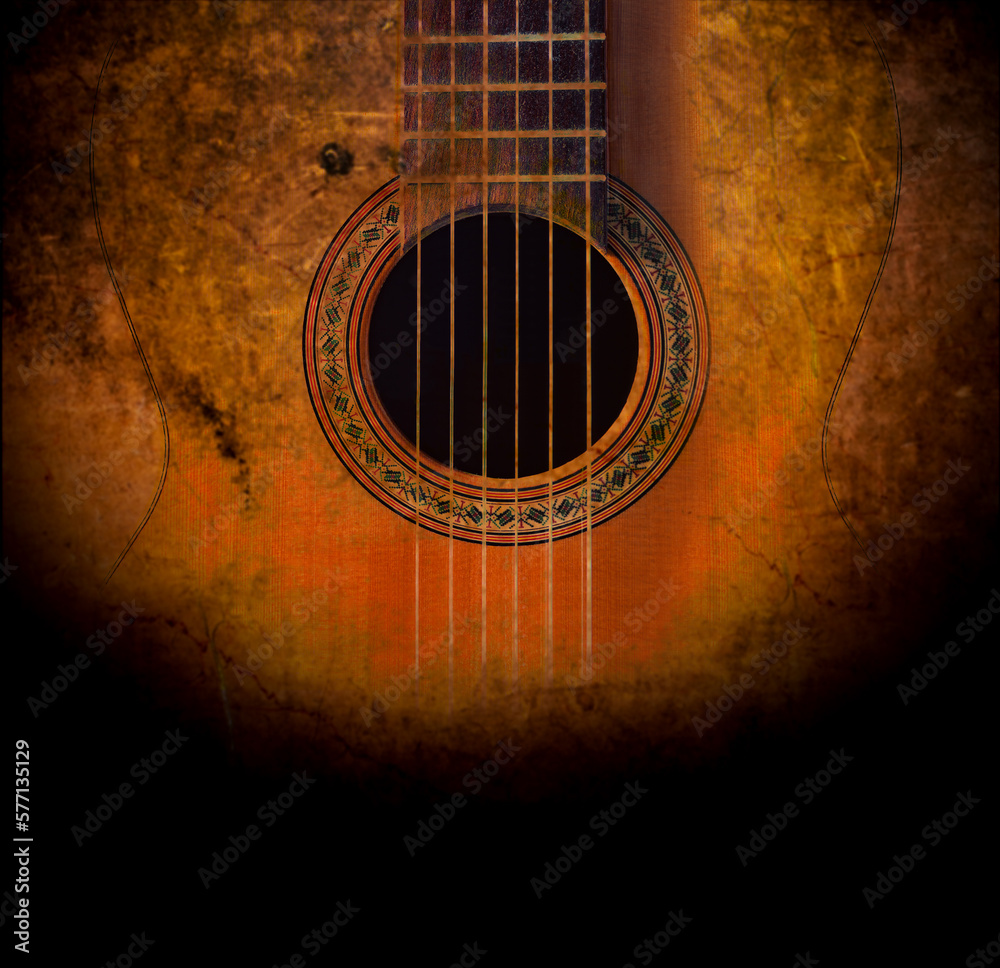 Naklejka premium Detalle de guitarra clásica. Guitarra española y fondo de música . Cultura española.