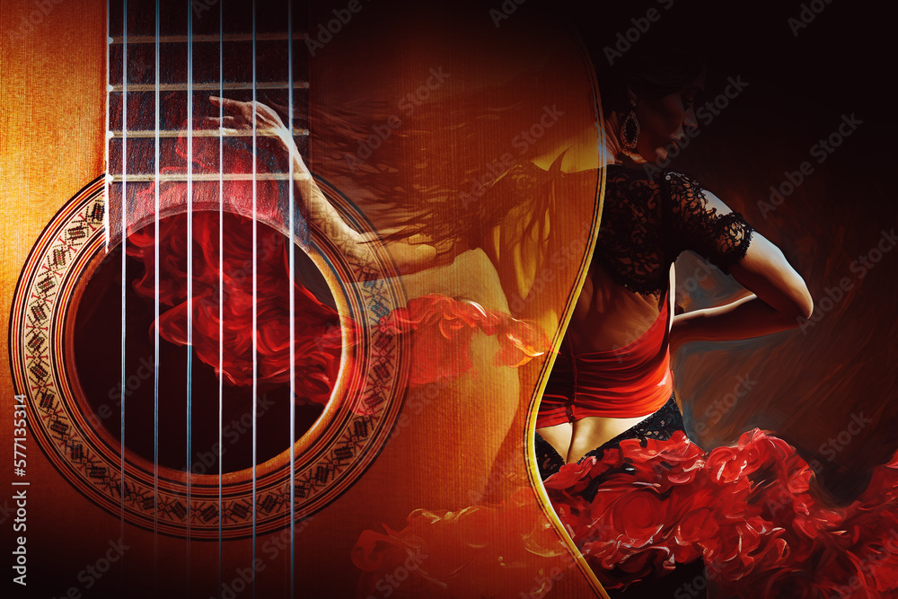 Diseño de música flamenca. Fondo de la música gitana tradicional española. Guitarra  española y bailaora de flamenco. Stock-Illustration | Adobe Stock