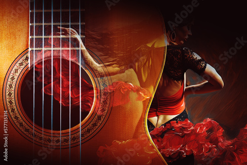 Diseño de música flamenca. Fondo de la música gitana tradicional española. Guitarra española y bailaora de flamenco. photo