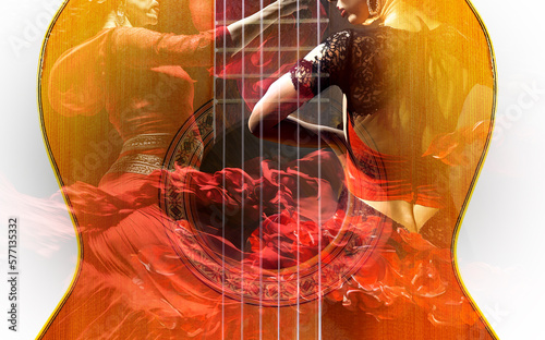 Diseño de música flamenca. Fondo de la música gitana tradicional española. Guitarra española y bailaora de flamenco.