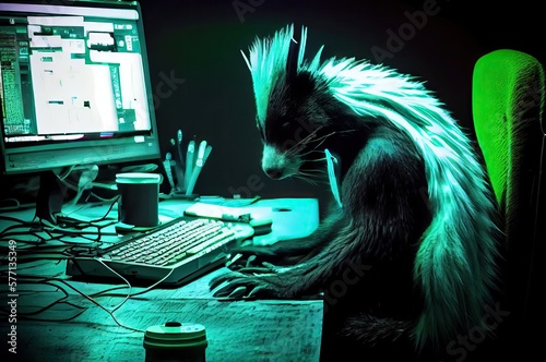 Skunk Engineer In Front Of Green Monitor Generative AI photo