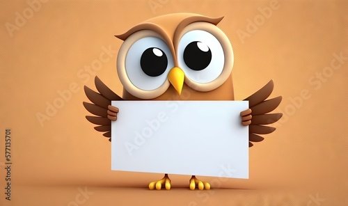  a cartoon owl holding a blank sign with big eyes and a big smile on its face, with one eye wide open and one eye wide open. generative ai