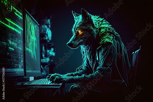 Wolf Computer Hacker In Front Of Green Monitor Generative AI photo