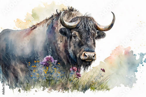 Watercolor painting of a peaceful gnu in a colorful flower field. Ideal for art print, greeting card, springtime concepts etc. Made with generative AI. 