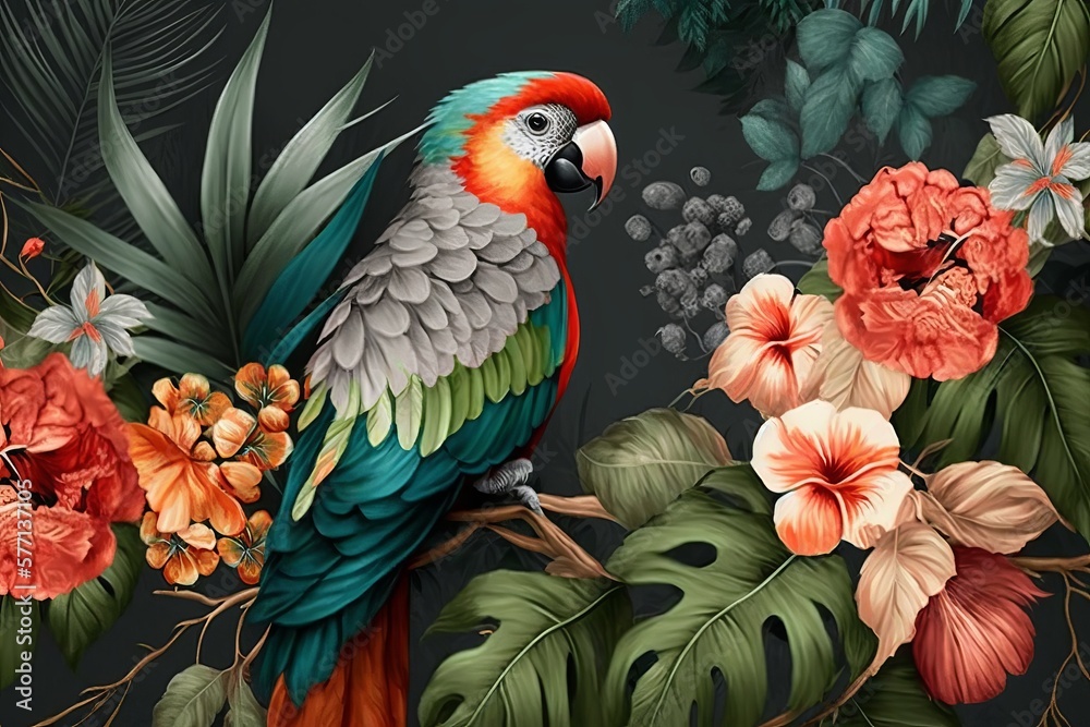 Wallpaper pattern Vintage flowers leaves and parrot butterflies colors with grey background Generative AI