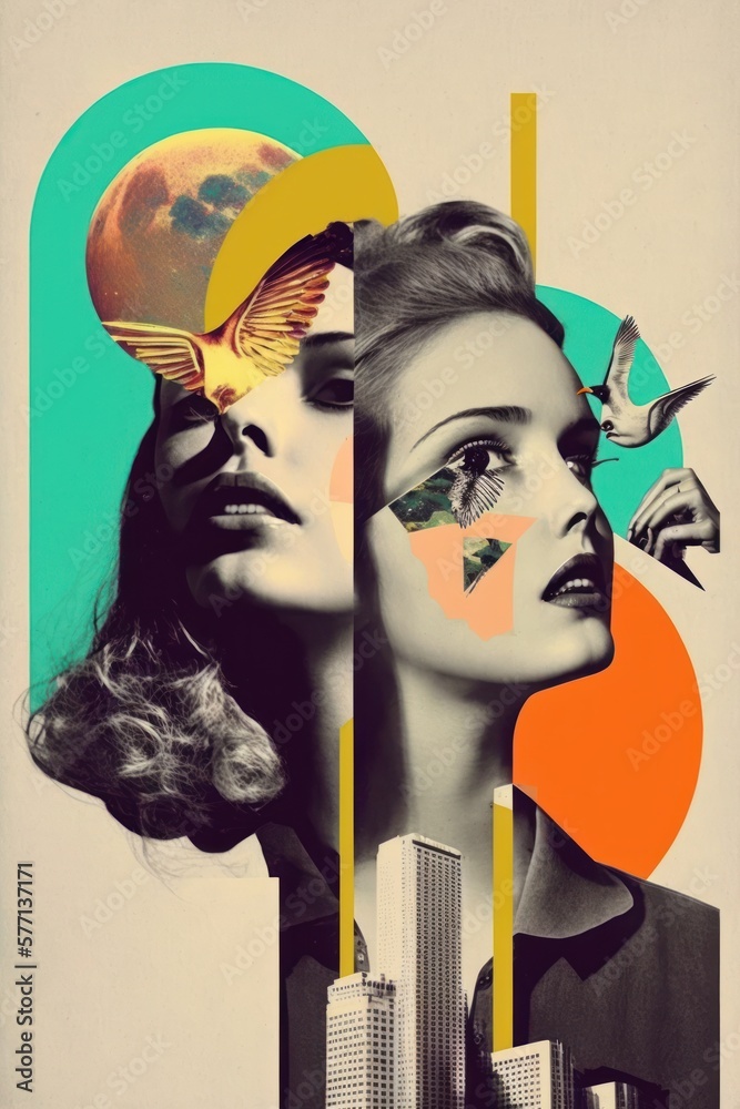 Abstract contemporary art black and white portrait of woman. Various colored objects on the face