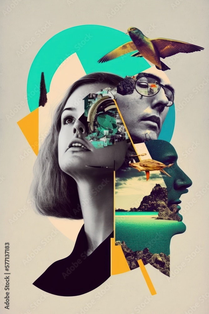 Abstract contemporary art black and white portrait of woman. Various colored objects on the face