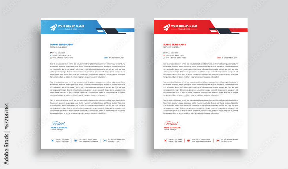 Clean and professional corporate company business letterhead template design with color variation bundle with blue, red elements and creative business stationery layout