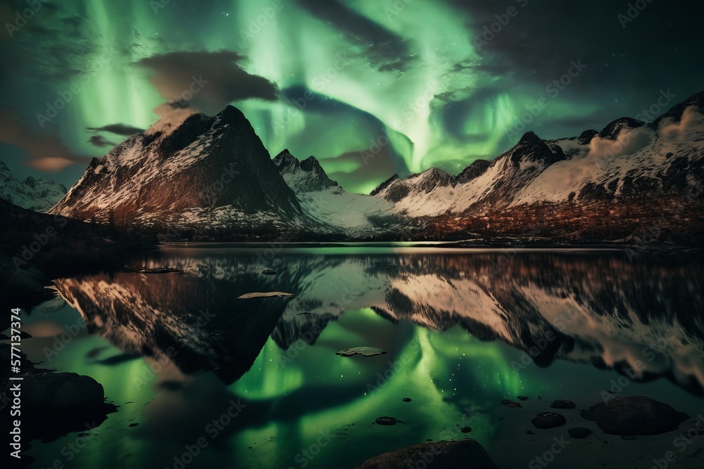 Aurora borealis on the Norway. Green northern lights above mountains. Night sky with polar lights.Generative AI