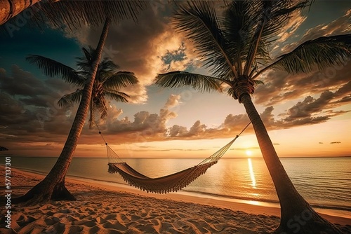 Photographie a tropical beach at sunset with a hammock under a palm tree Generative AI